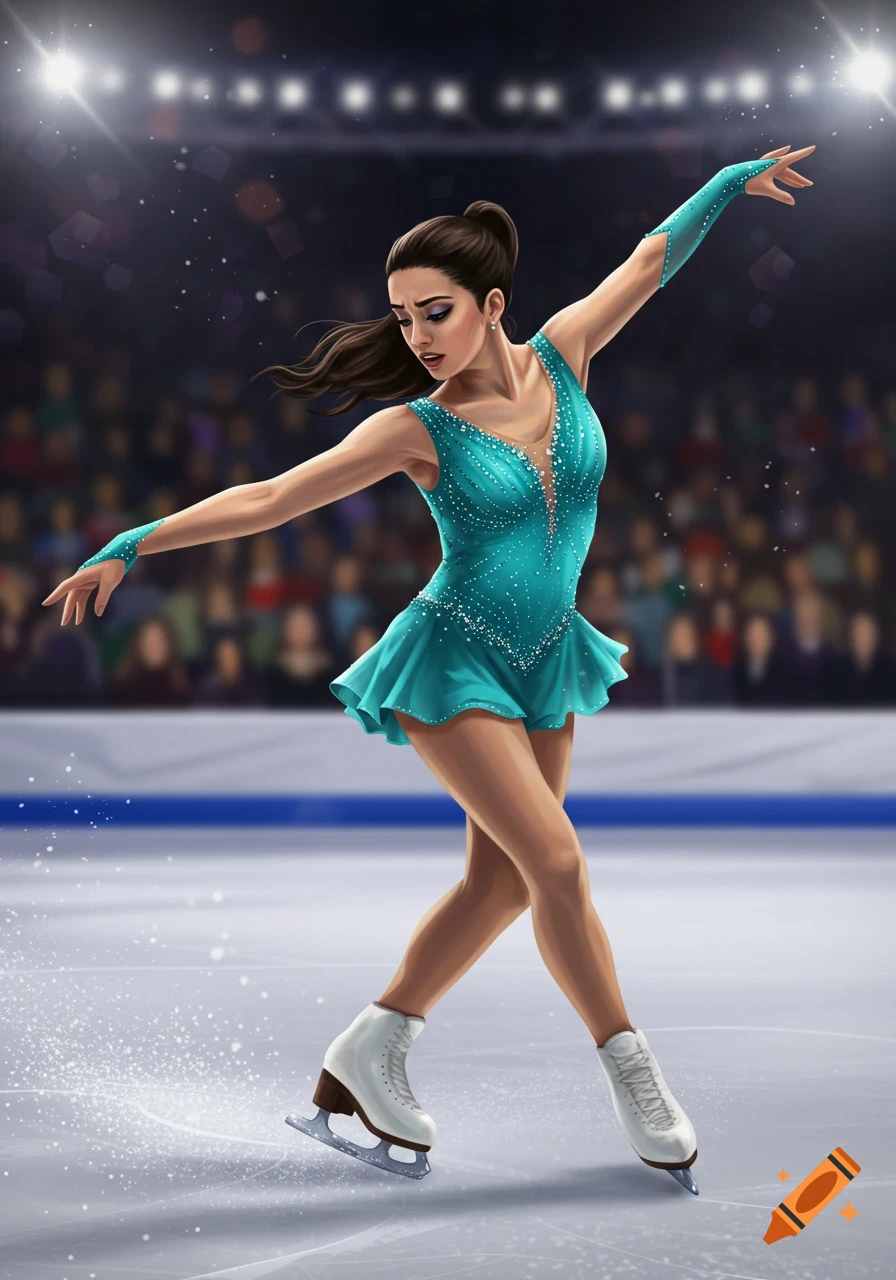 A female ice skater in a turquoise dress performing on ice.