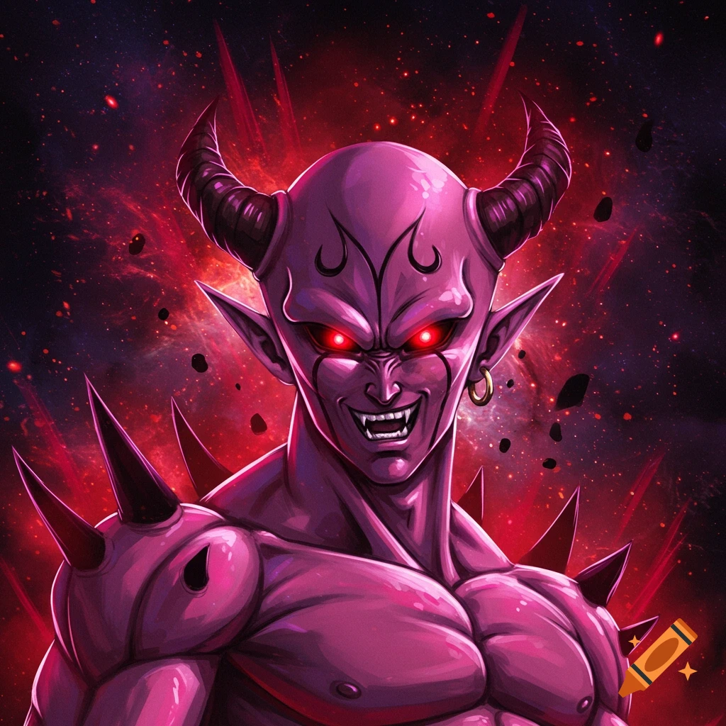 A pink demonic character with horns, red eyes, and fangs against a red cosmic background.