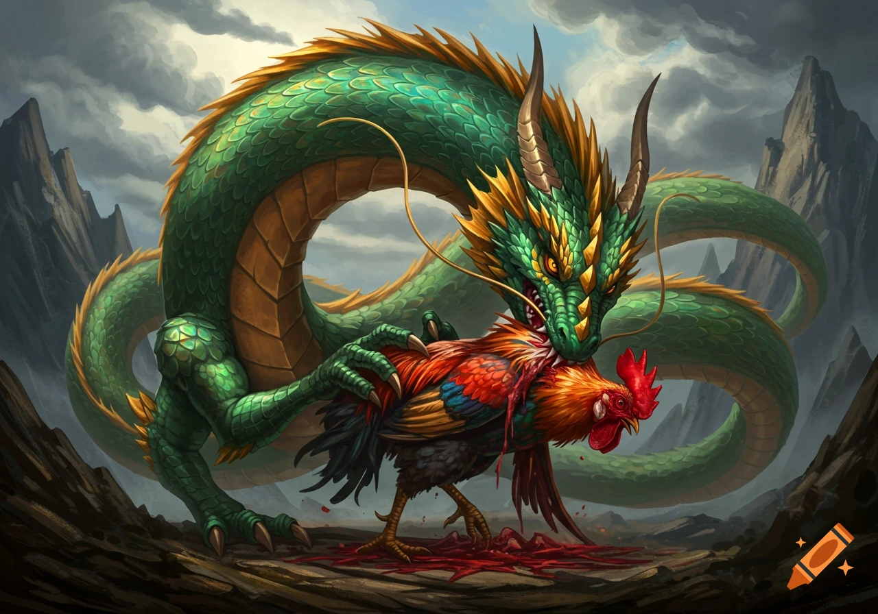 A green dragon attacks a rooster