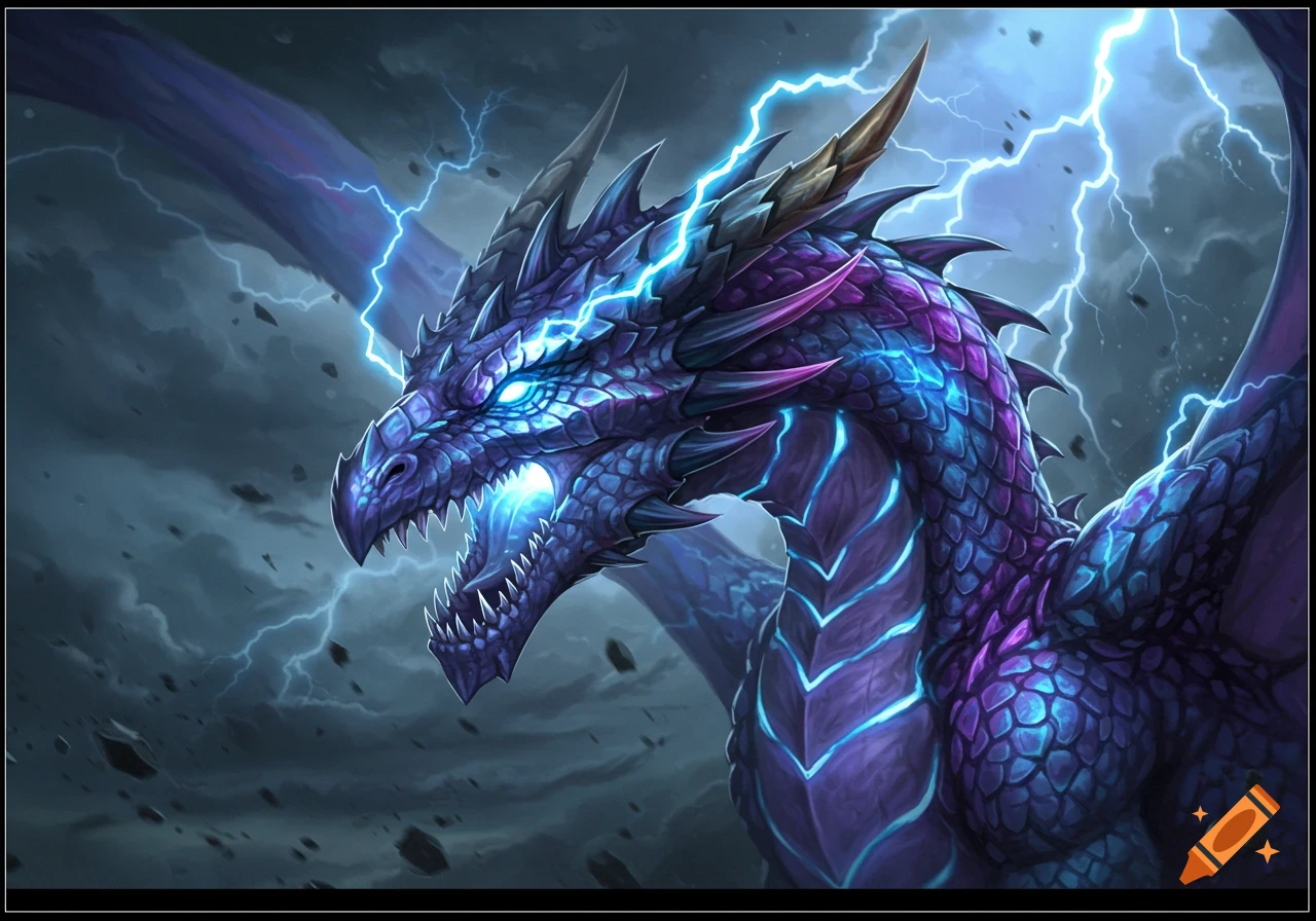 A close-up of a purple and blue lightning dragon with glowing eyes against a storm sky with lightning