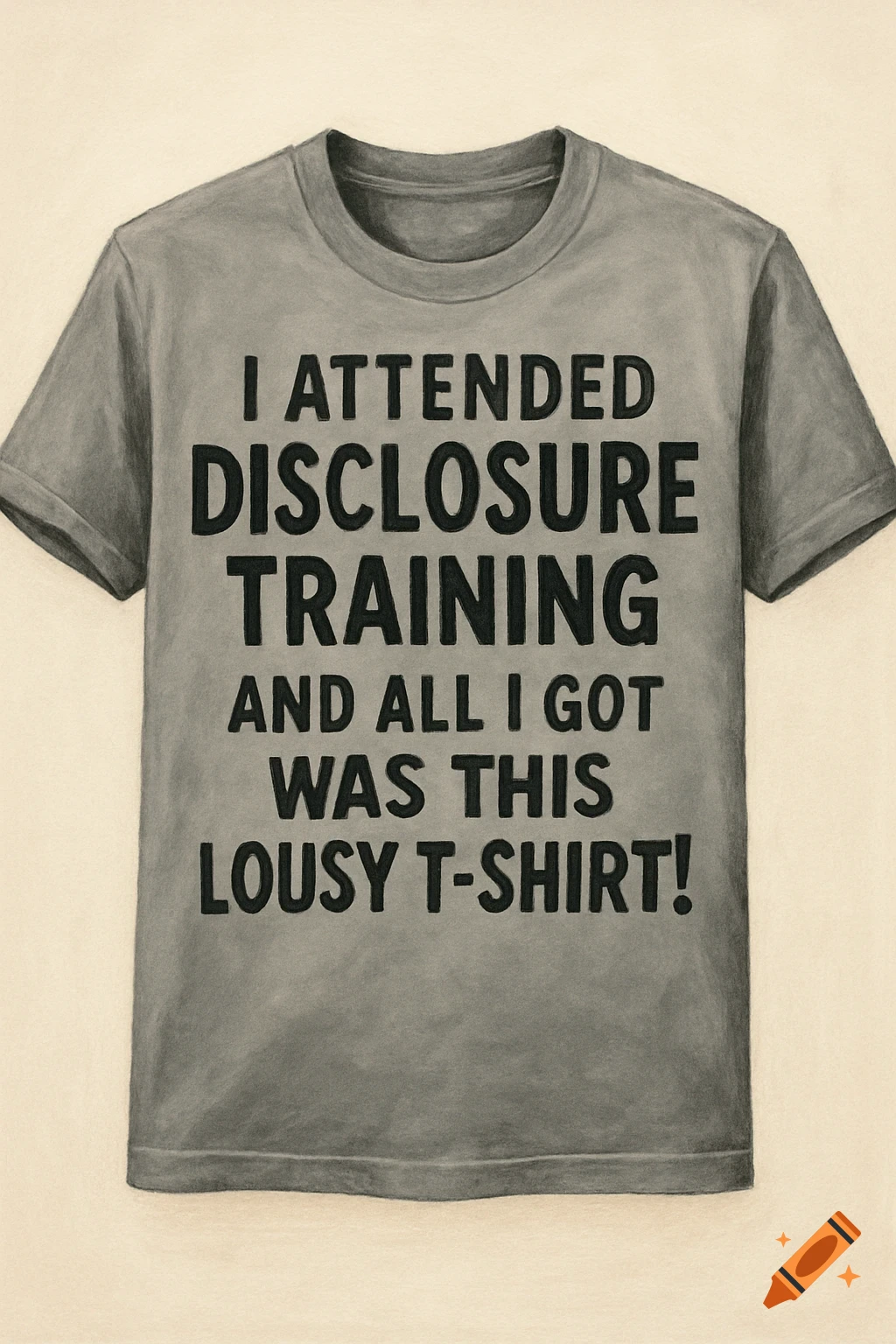 A grey t-shirt with the text 'I attended Disclosure training and all I got was this lousy t-shirt!'