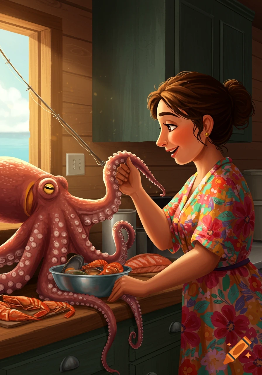 A woman is holding an octopus tentacle while preparing seafood in a kitchen.