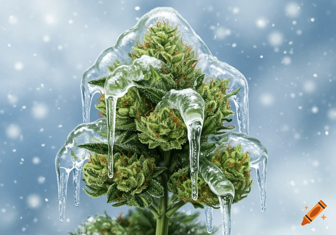 A cannabis cola covered in ice and icicles with snow falling.