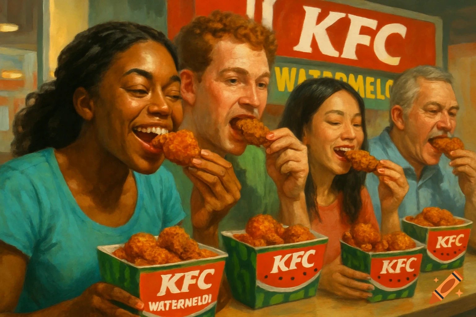 A diverse group of people happily eating fried chicken from KFC buckets.