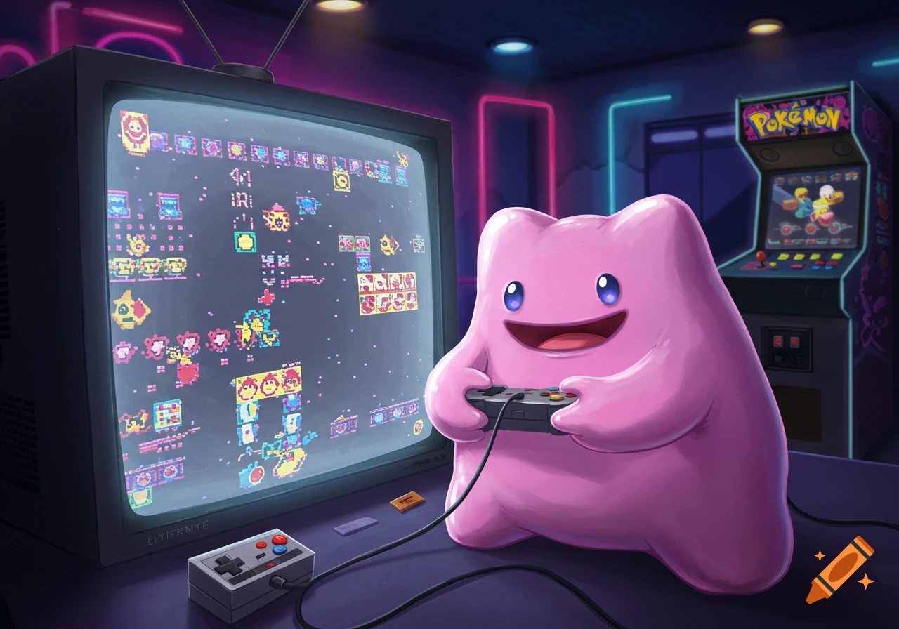 A pink Pokemon Ditto plays a retro video game on a CRT TV, with an arcade machine in the background.
