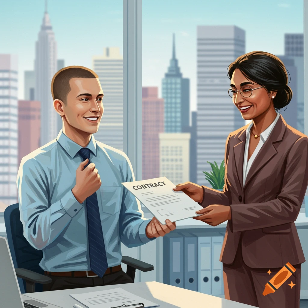 A man receives a document labeled CONTRACT from a woman in an office.