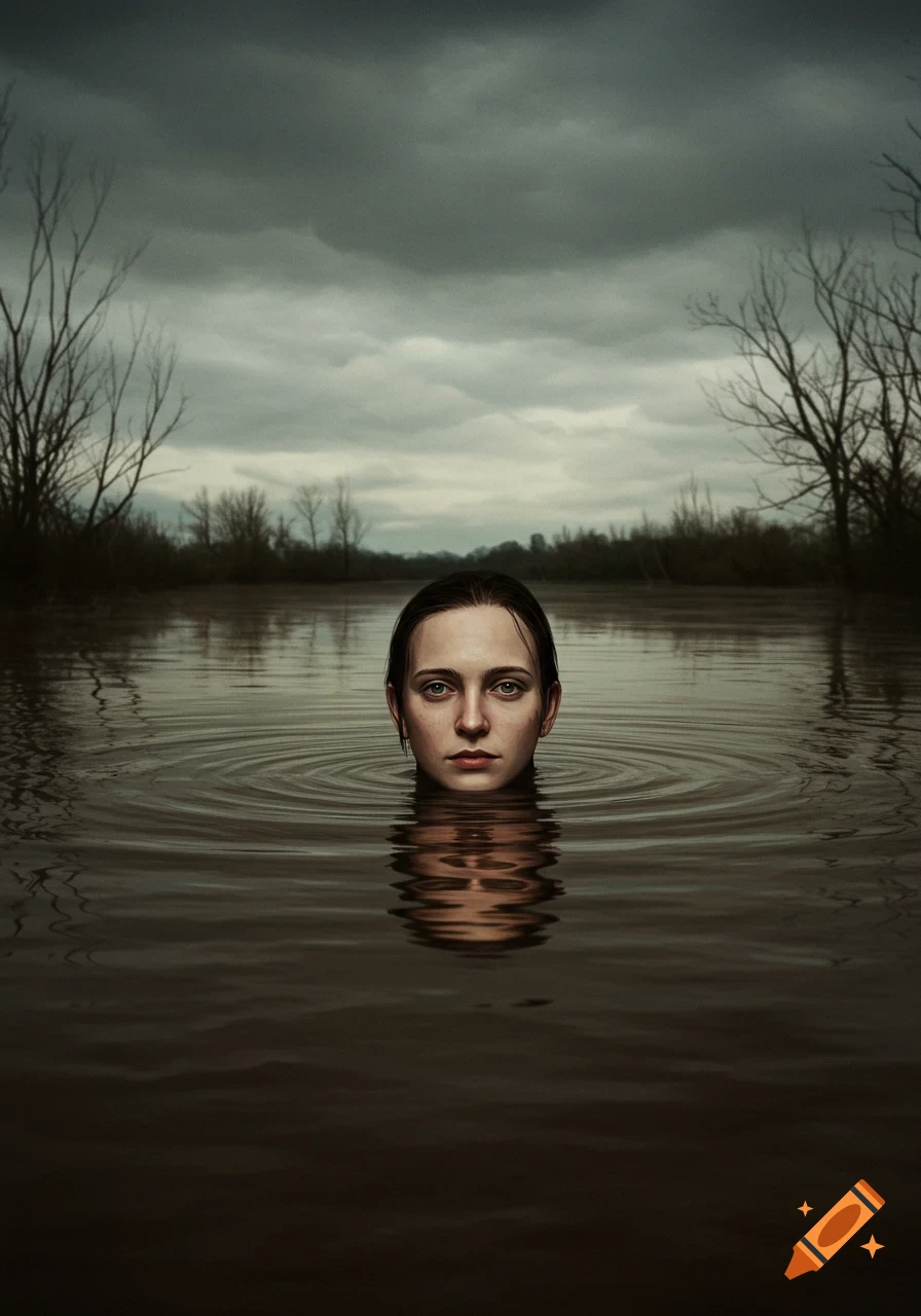 A woman's head emerges from dark water with ripples, under a cloudy sky and bare trees.