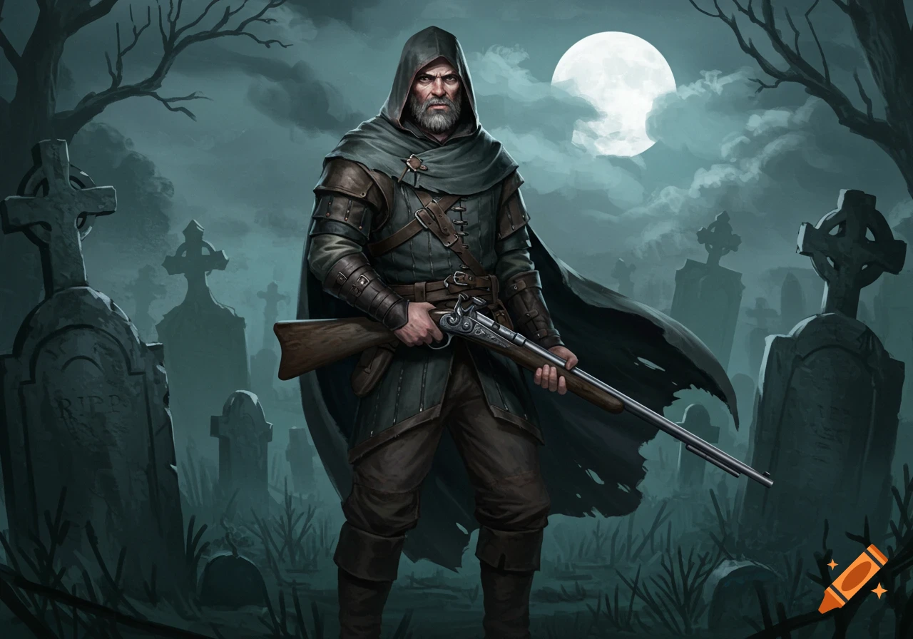 A hooded hunter with a rifle in a graveyard under a full moon.