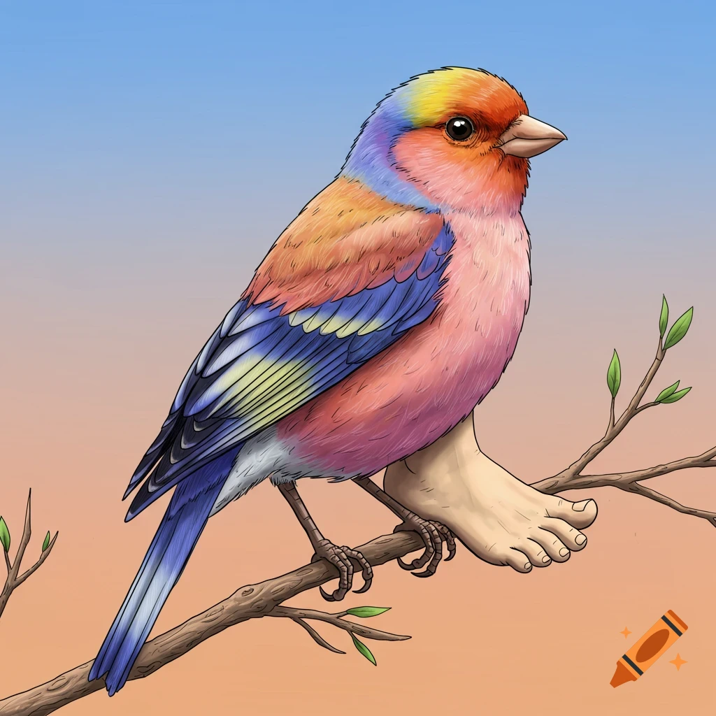 A colorful bird perched on a branch with a human foot.