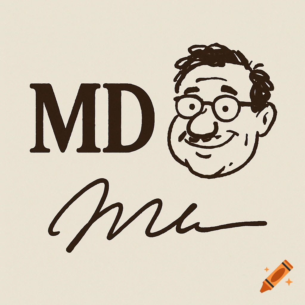 Logo with dark brown MD initials, a doodle of a smiling man's head with glasses, and a cursive signature on a light background.