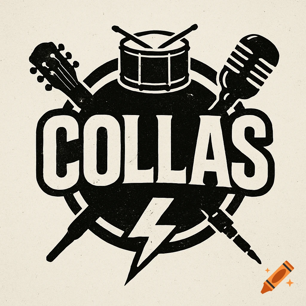 Black and white band logo for COLLAS with guitar, drum, and microphone