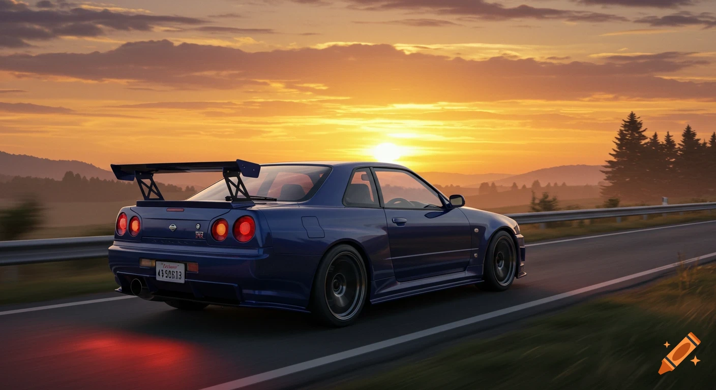 A blue Nissan Skyline R34 GT-R drives on a road into a vibrant sunset over mountains and trees.