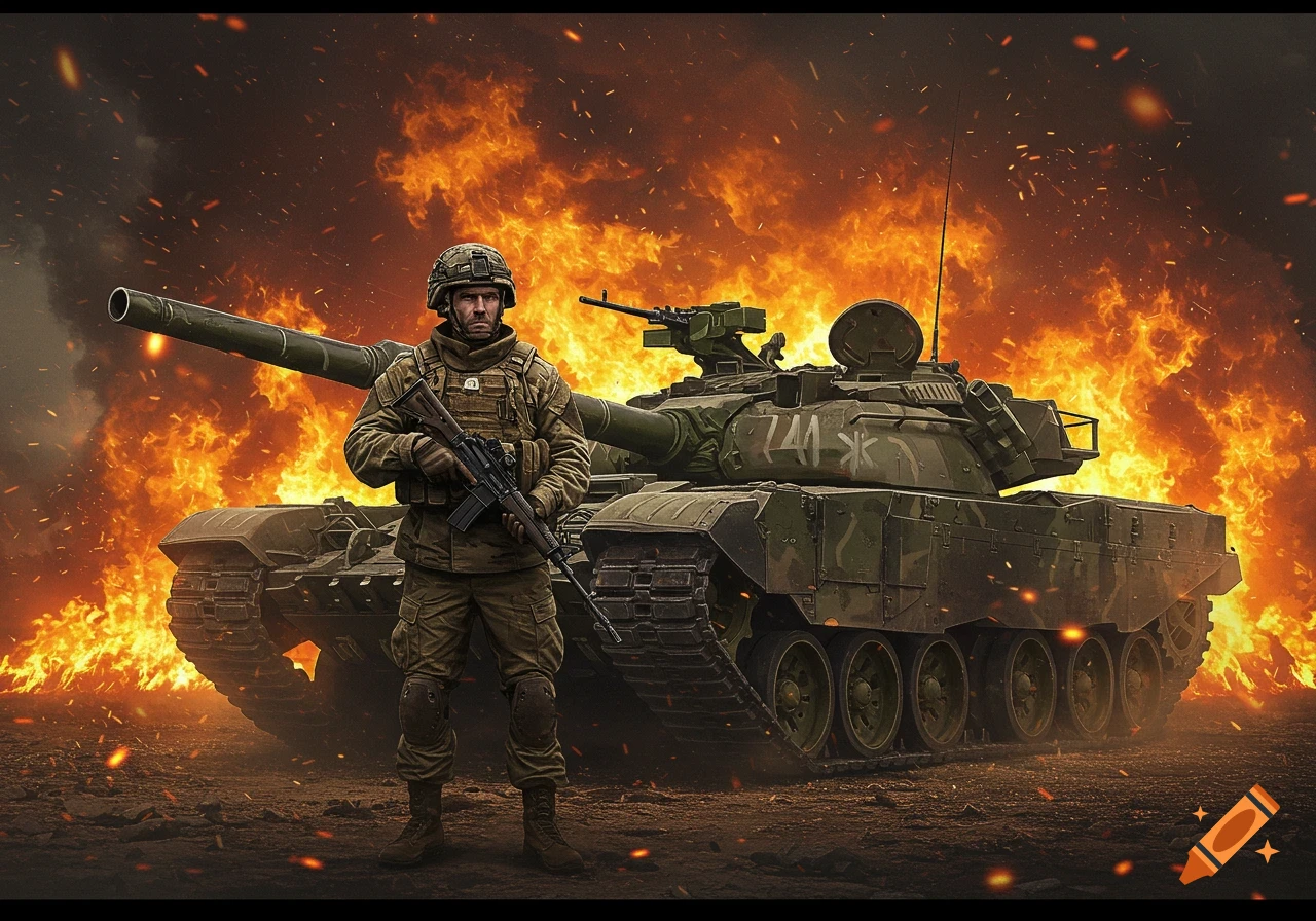 A soldier standing next to a tank with fire in the background.