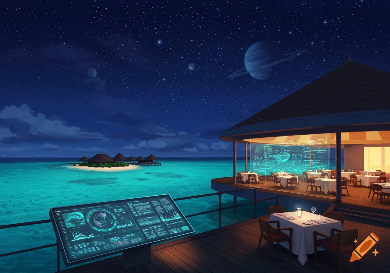 An overwater restaurant at night under a starry sky with planets, showing data displays.