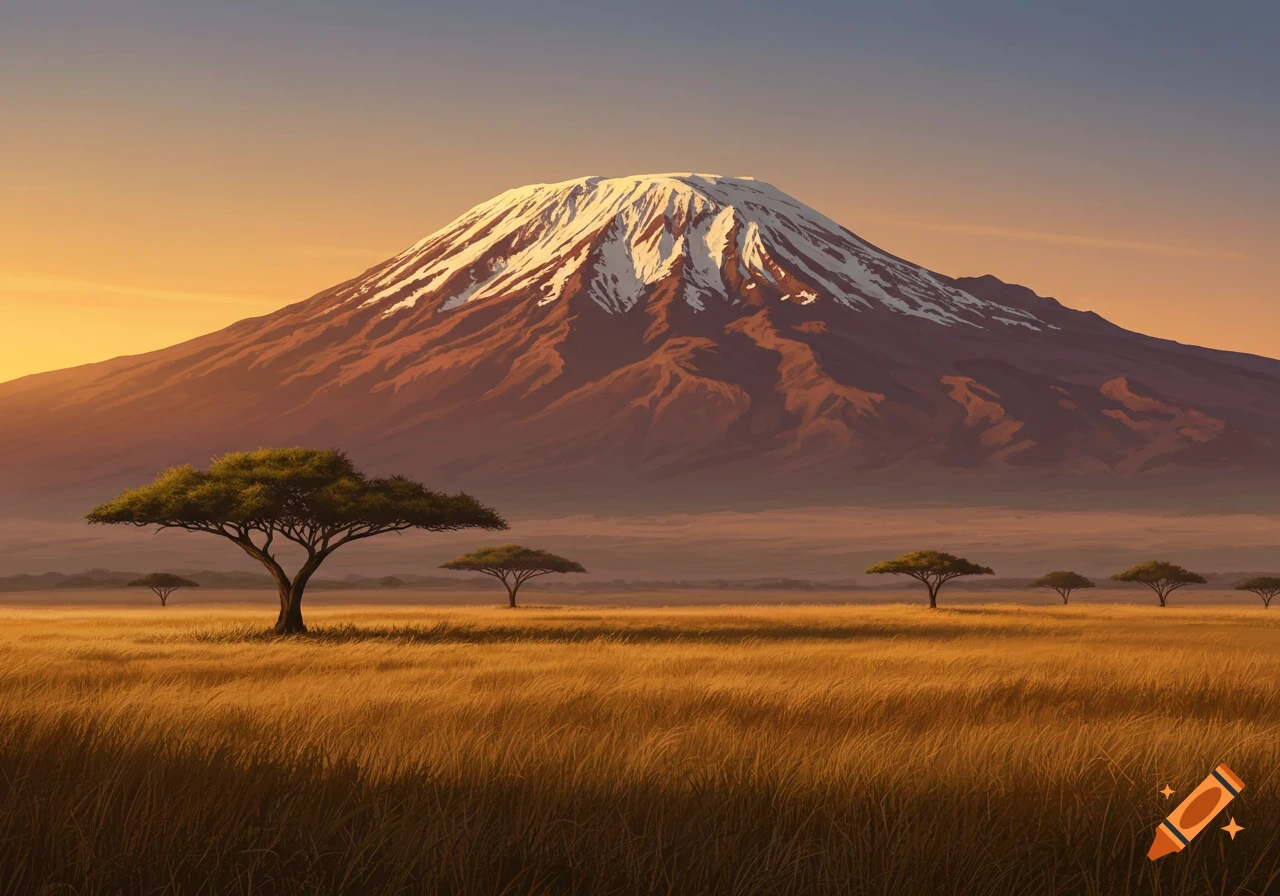 Snow-capped Mount Kilimanjaro at sunset, overlooking a savanna landscape with acacia trees and tall grass.