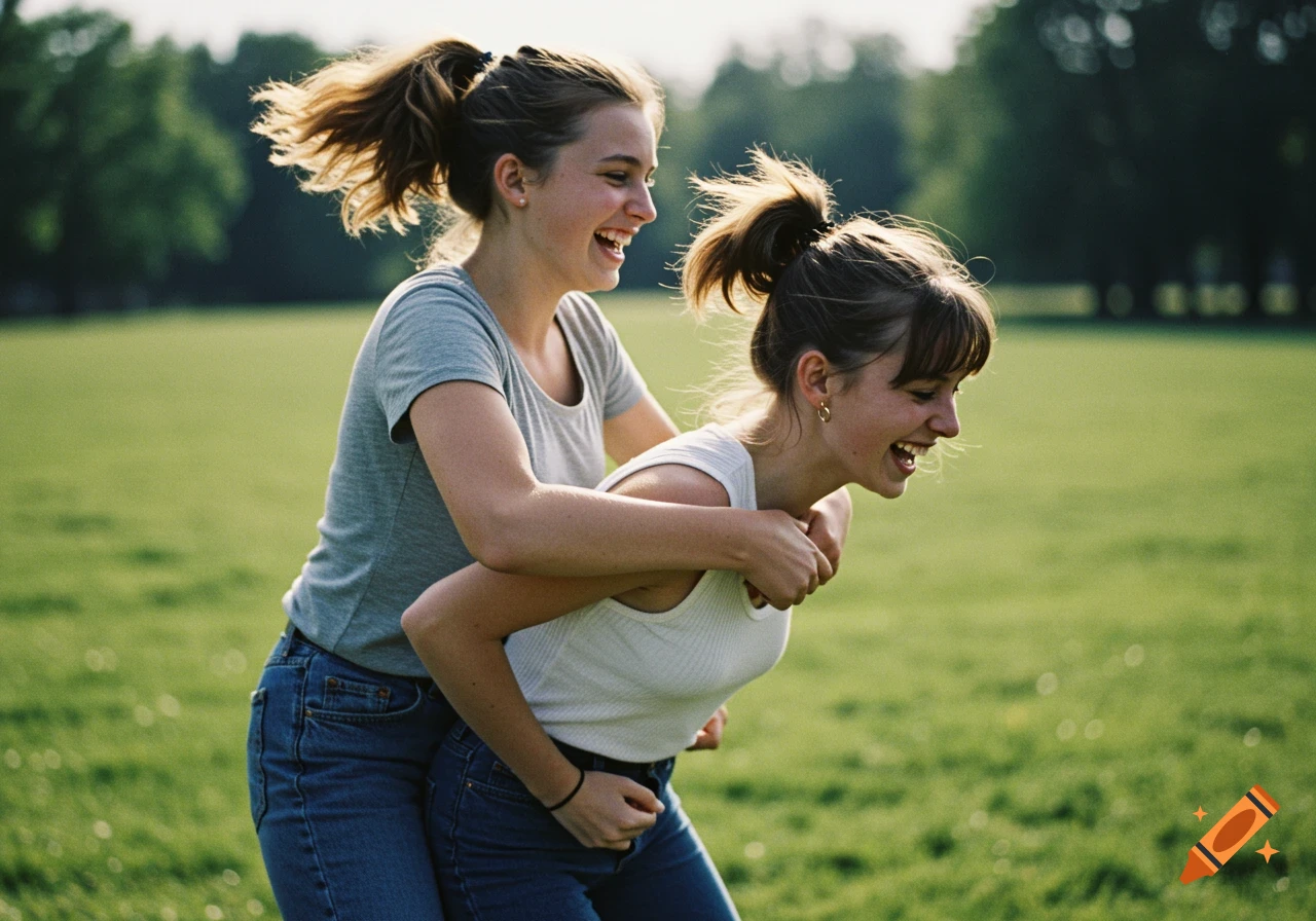 Two young women laughing during a piggyback ride in a sunny field, film photography style.