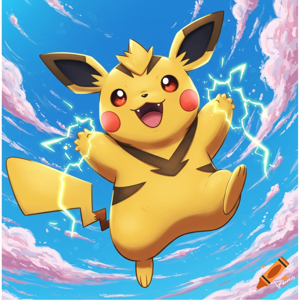Illustration of Pikachu flying and generating lightning in a cloudy sky