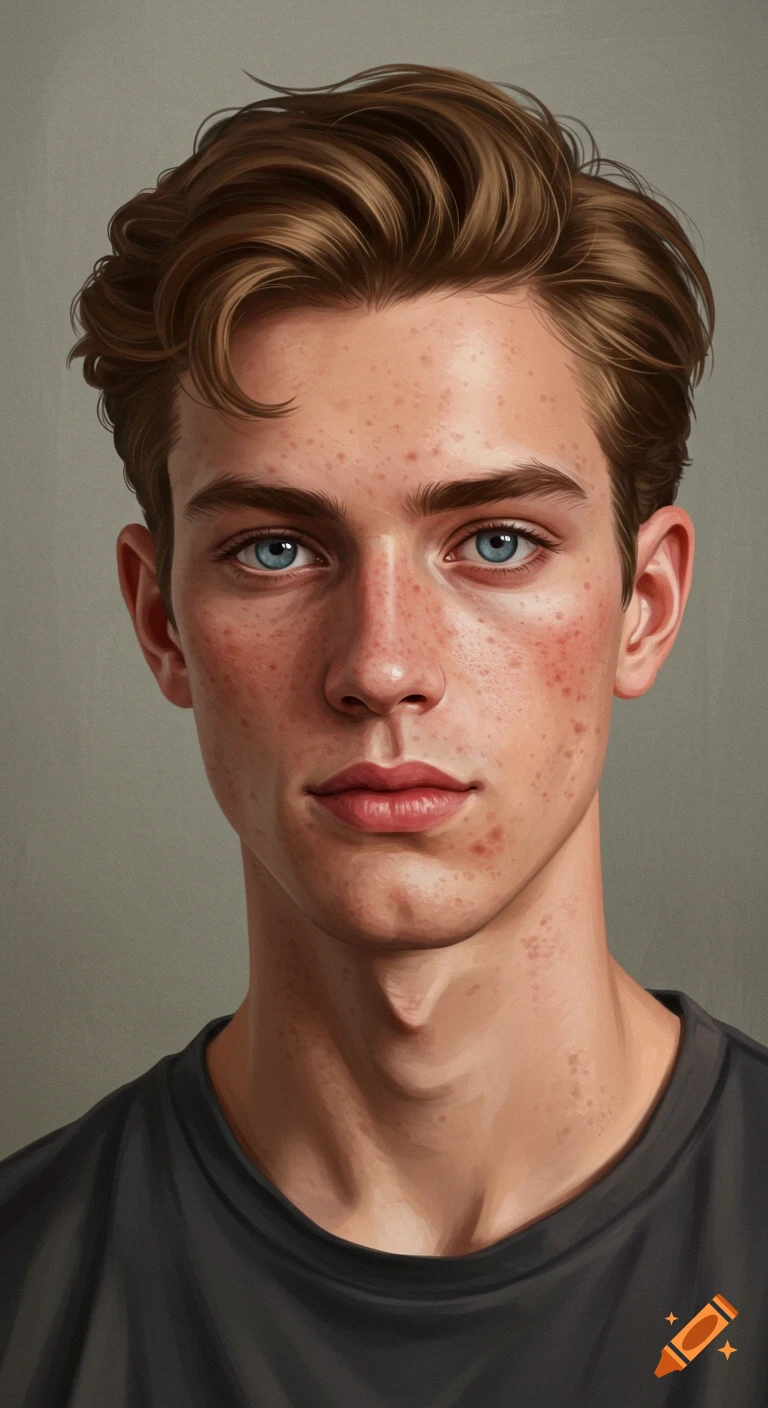 Portrait of a young man with brown hair, blue eyes, freckles, and acne.
