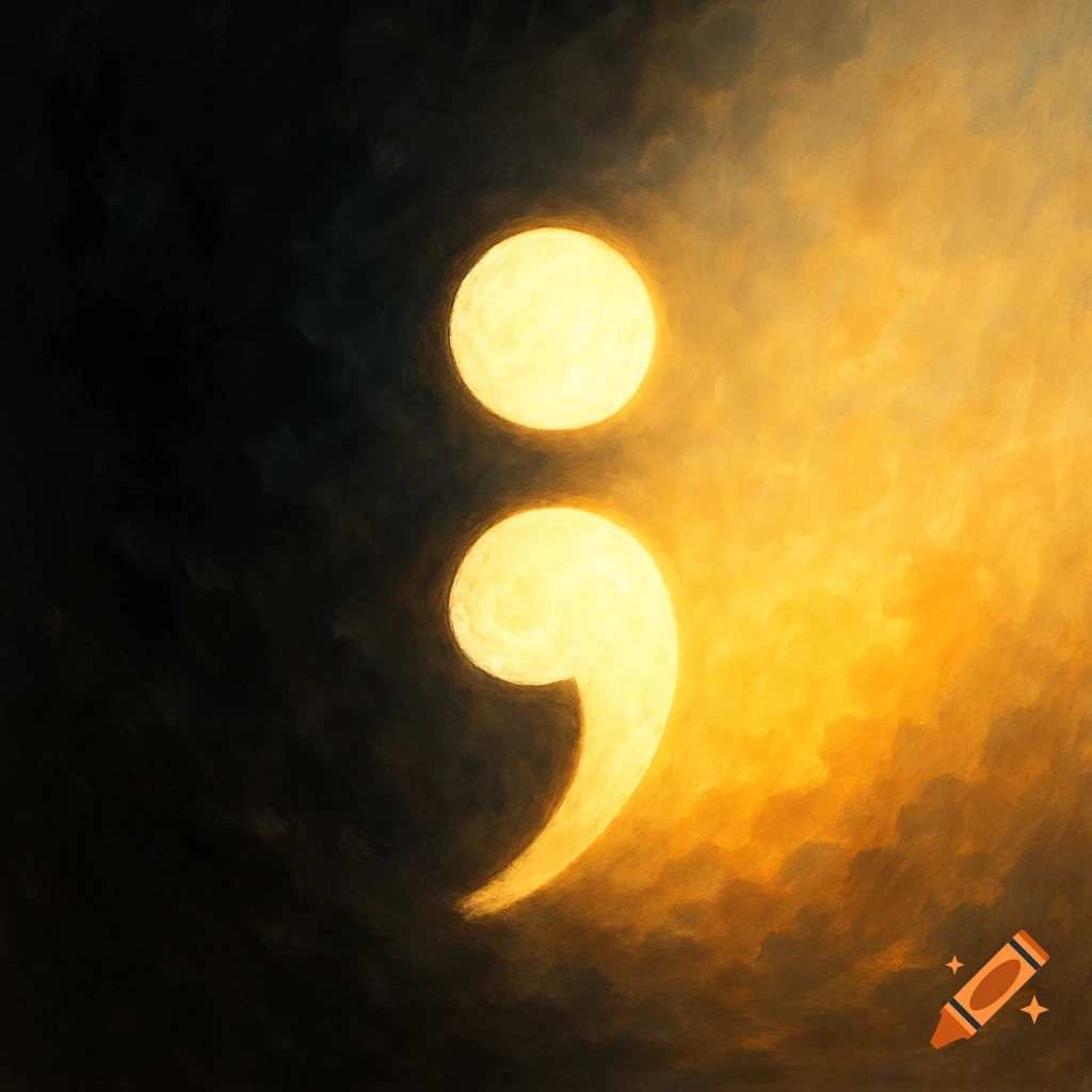 A glowing semicolon symbol transitioning from a dark background to a bright, golden background.