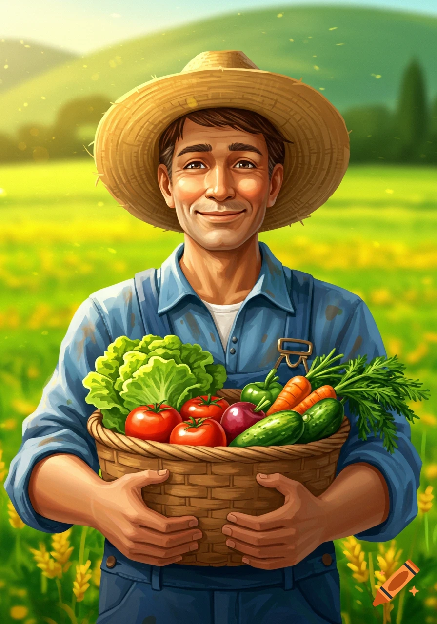 A smiling farmer in a field holding a basket of fresh vegetables.