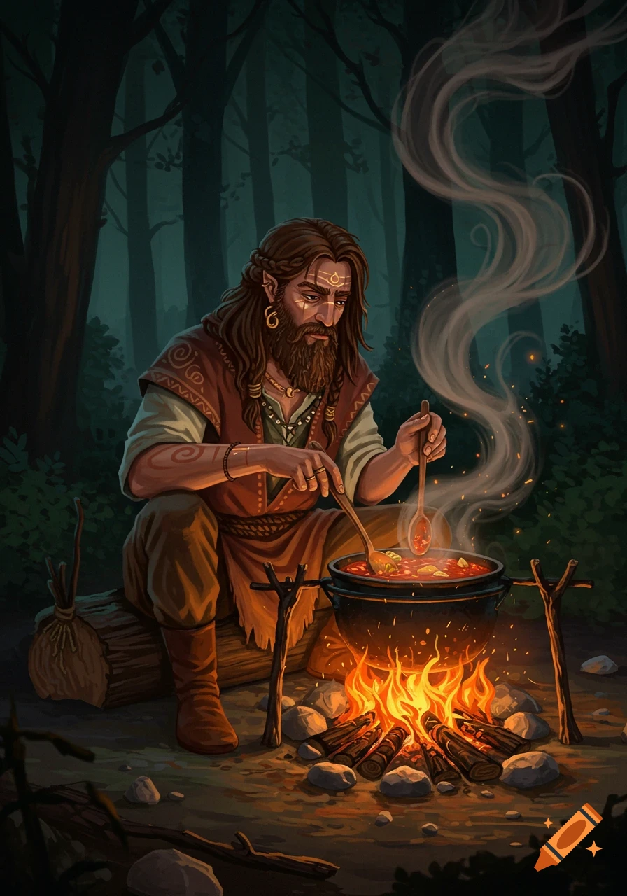 A mystical man cooking stew over a campfire in a dark forest.