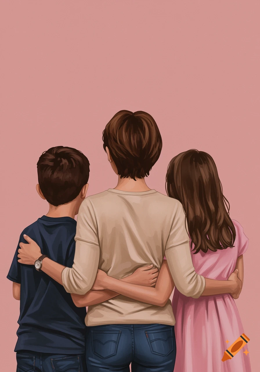 Mother hugging her two children from behind.