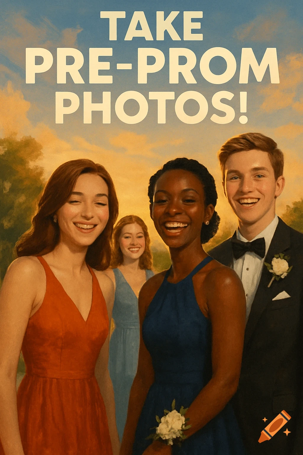 Four smiling teenagers in prom attire with text overlay 'TAKE PRE-PROM PHOTOS!'
