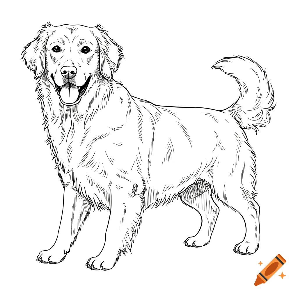 A black and white line drawing of a golden retriever standing.