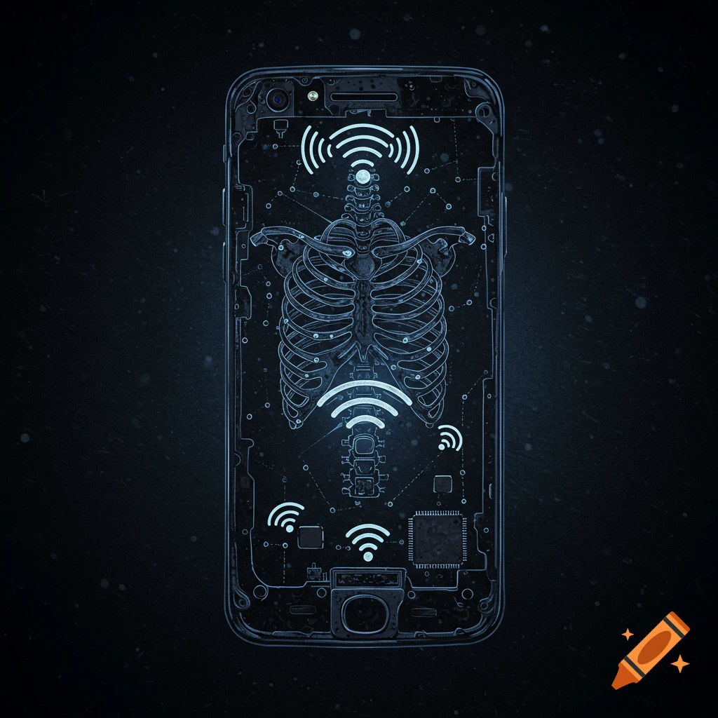 A glowing human skeleton with wifi signals inside the outline of a smartphone.