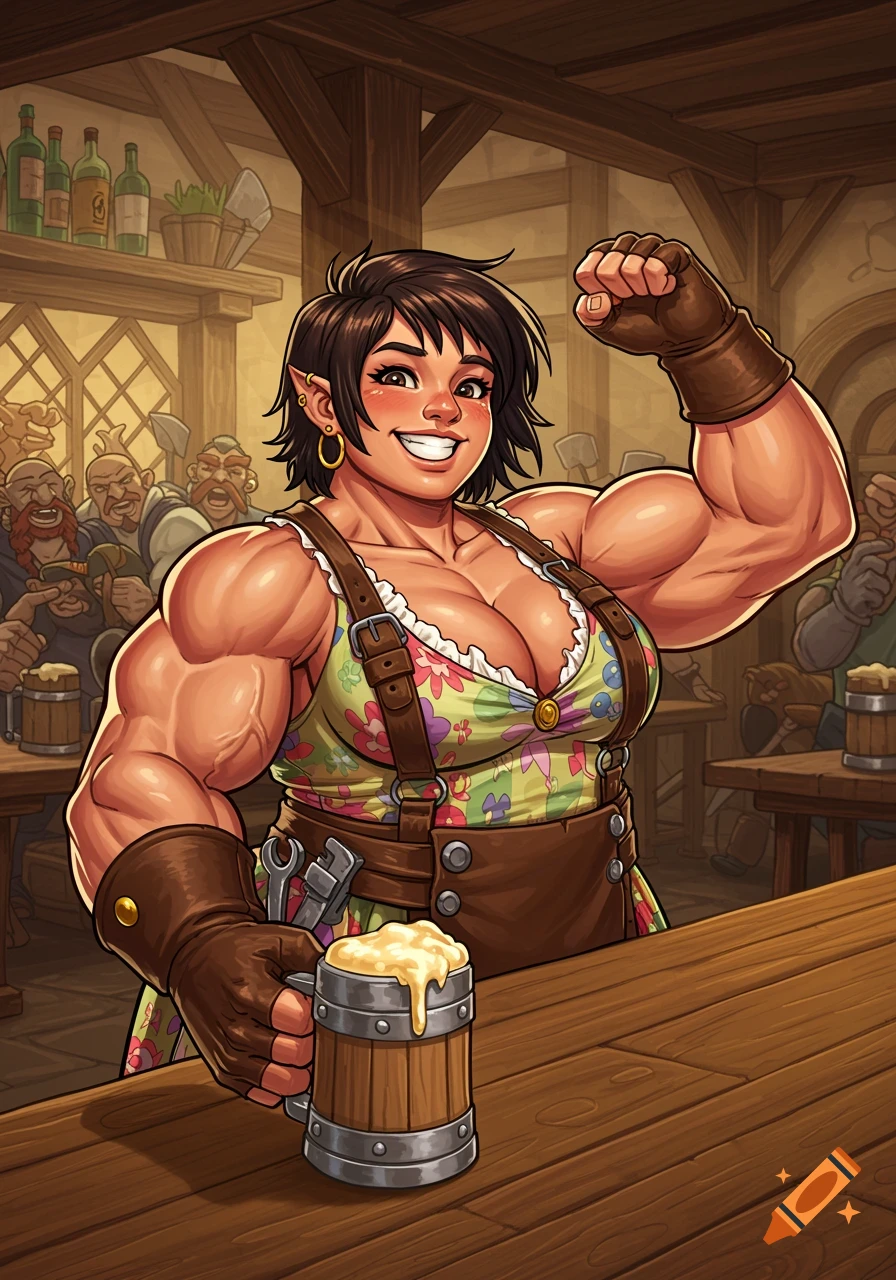 A muscular female dwarf barmaid flexes in a fantasy tavern, serving ale in a vibrant comic style.