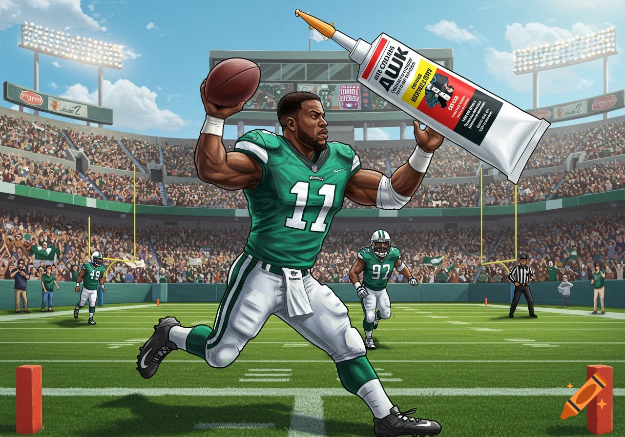A football player in a green jersey runs across a stadium holding a tube of caulk.