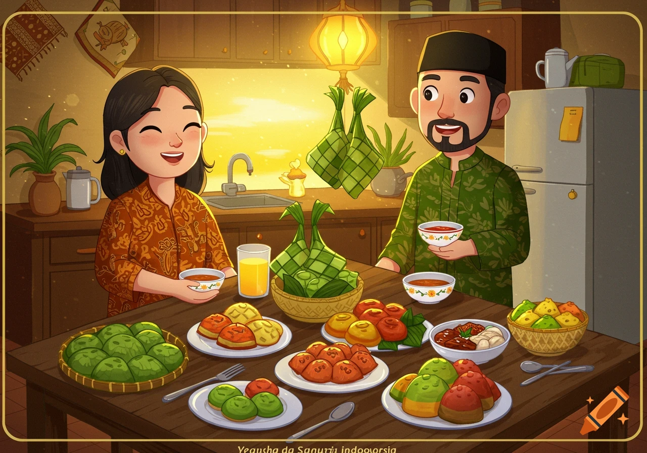 Cartoon illustration of a man and woman eating together at a table filled with food in a kitchen.