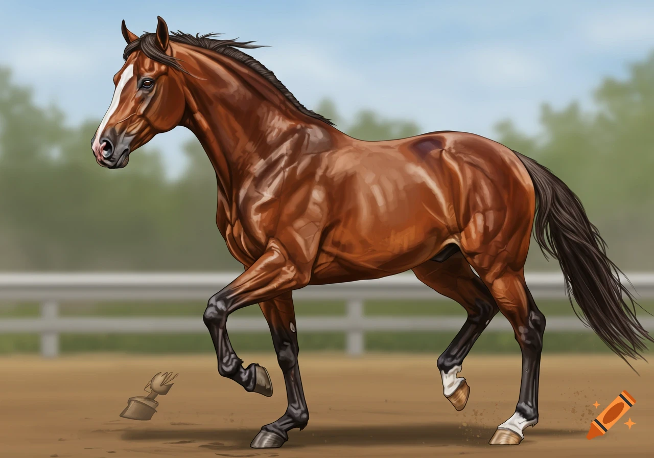 A muscular brown horse running on a track.