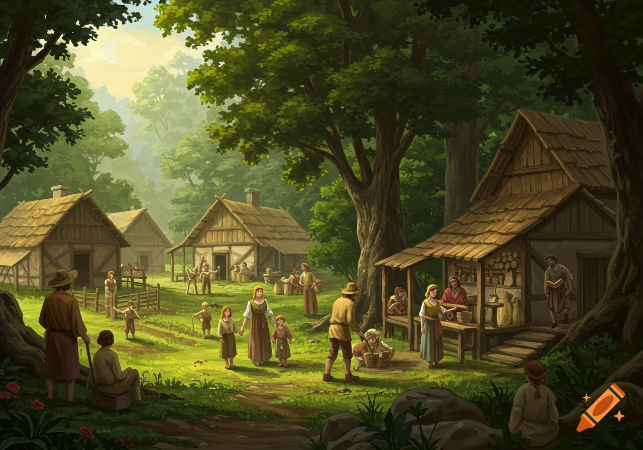 A peaceful rural village with people in a clearing surrounded by trees.