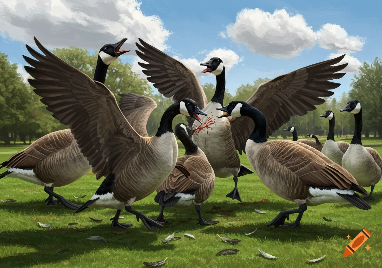 Several Canada geese are fighting on a grassy field.