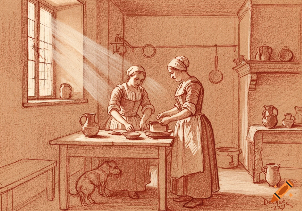 Red chalk sketch of two women preparing food in a kitchen, with sunlight streaming from a window and a dog under the table.