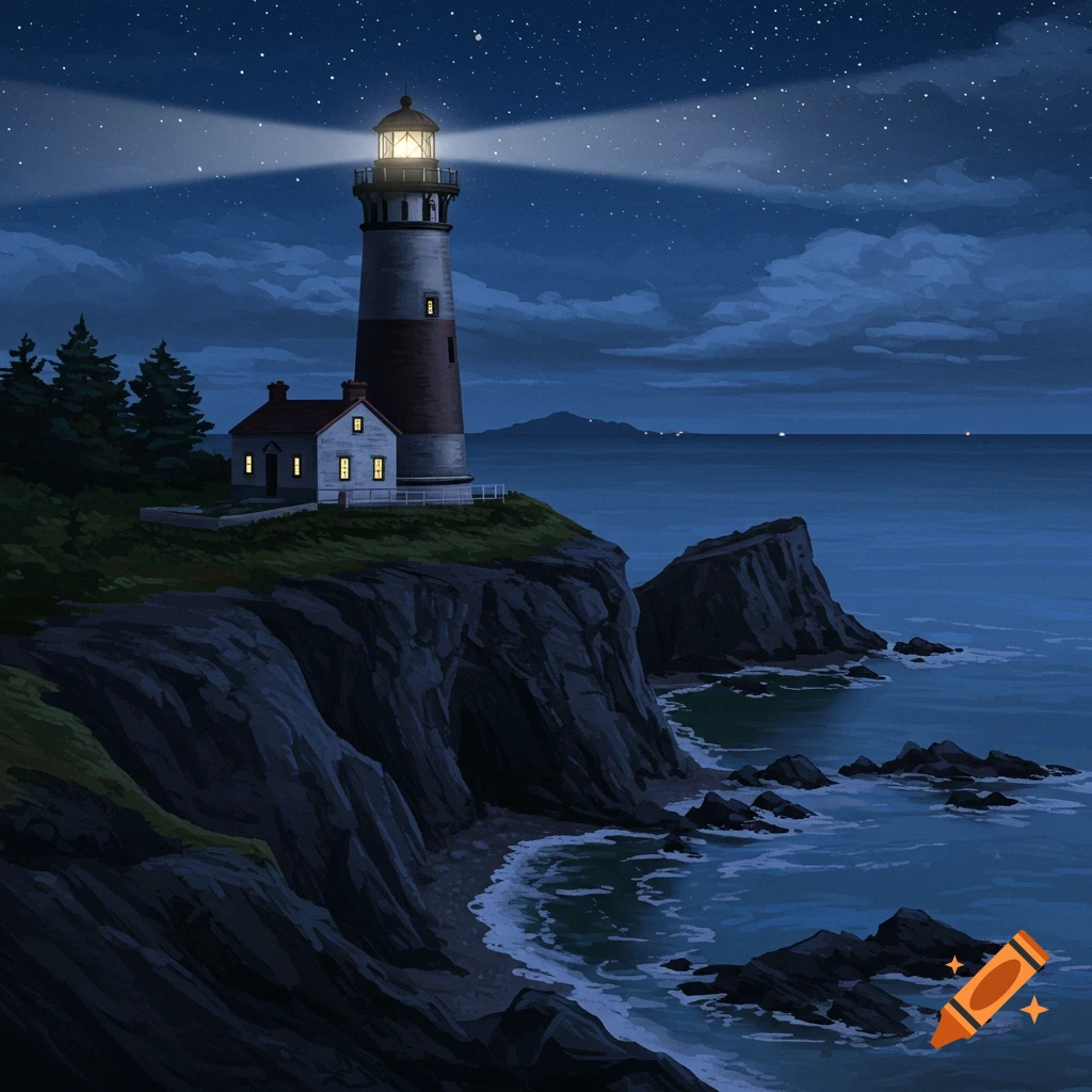 A lighthouse on a cliff overlooking the ocean at night under a starry sky.