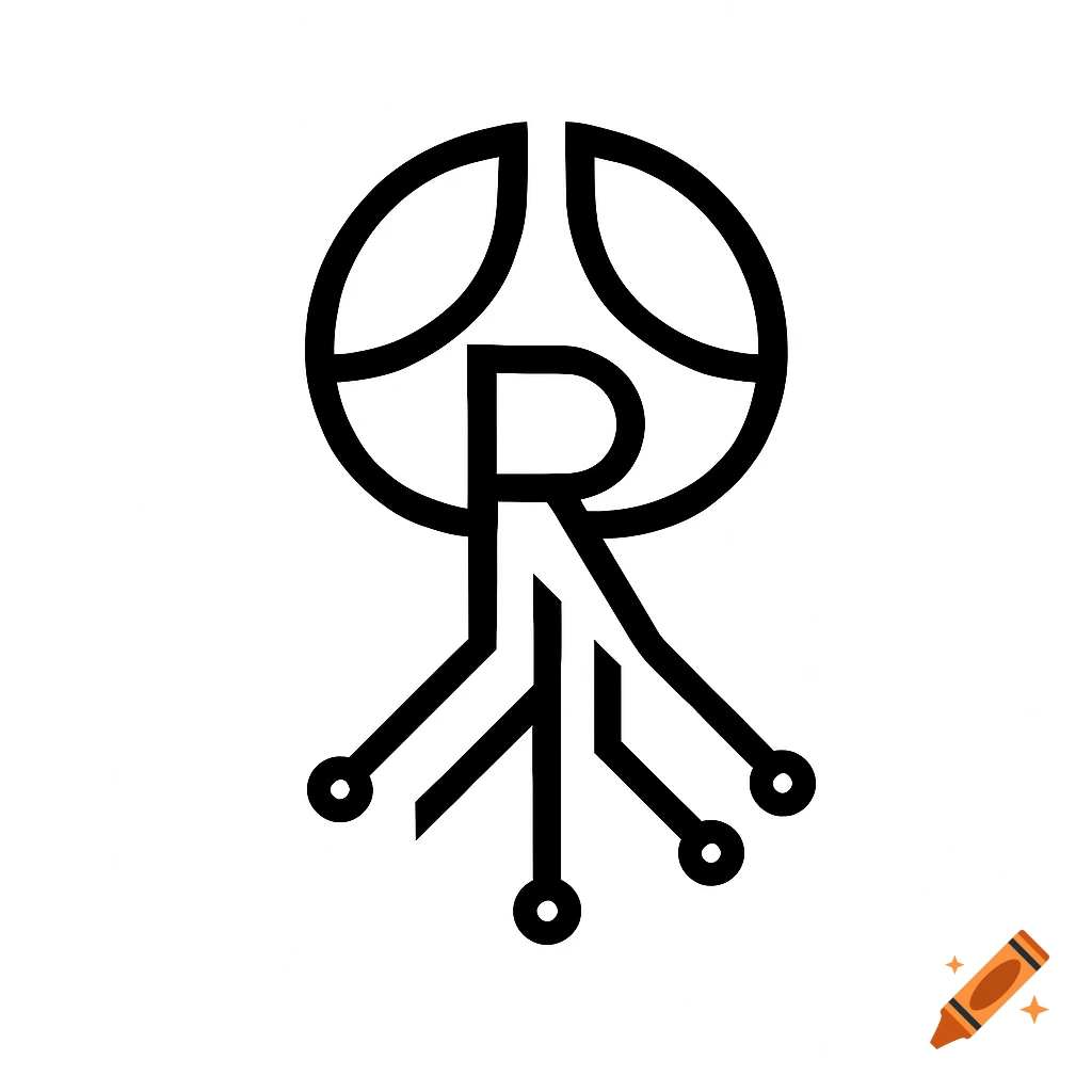 Black and white graphic logo of stylized tree with circuit board roots and capital R in negative space.