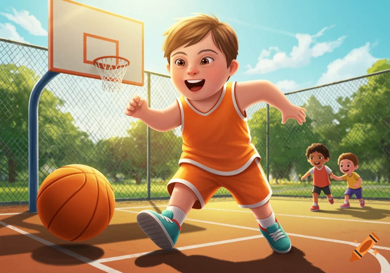 Cartoon illustration of a boy playing basketball on an outdoor court with other children.