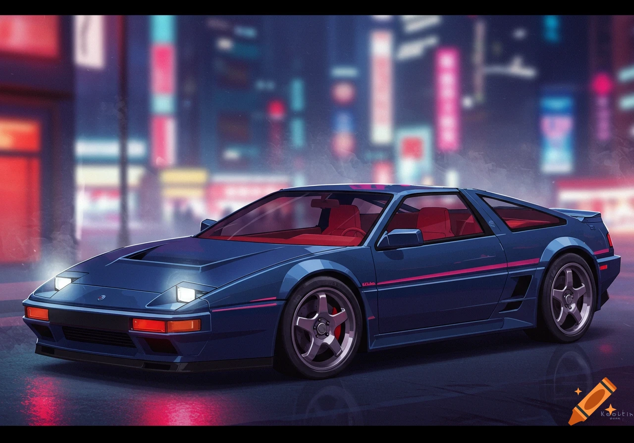 A blue retro sports car on a city street at night.