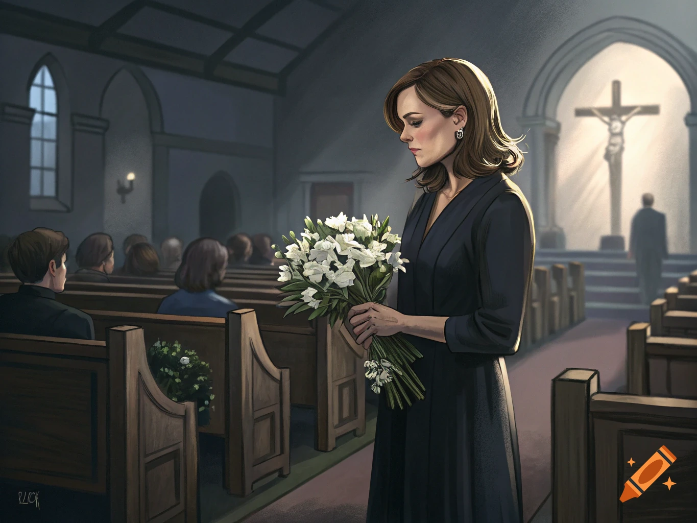 A woman holds white flowers in a church during a funeral service, illustration