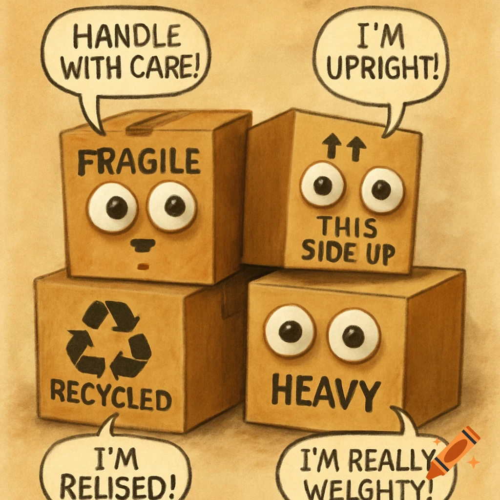 Illustration of four personified cardboard boxes with googly eyes, labels, and speech bubbles.