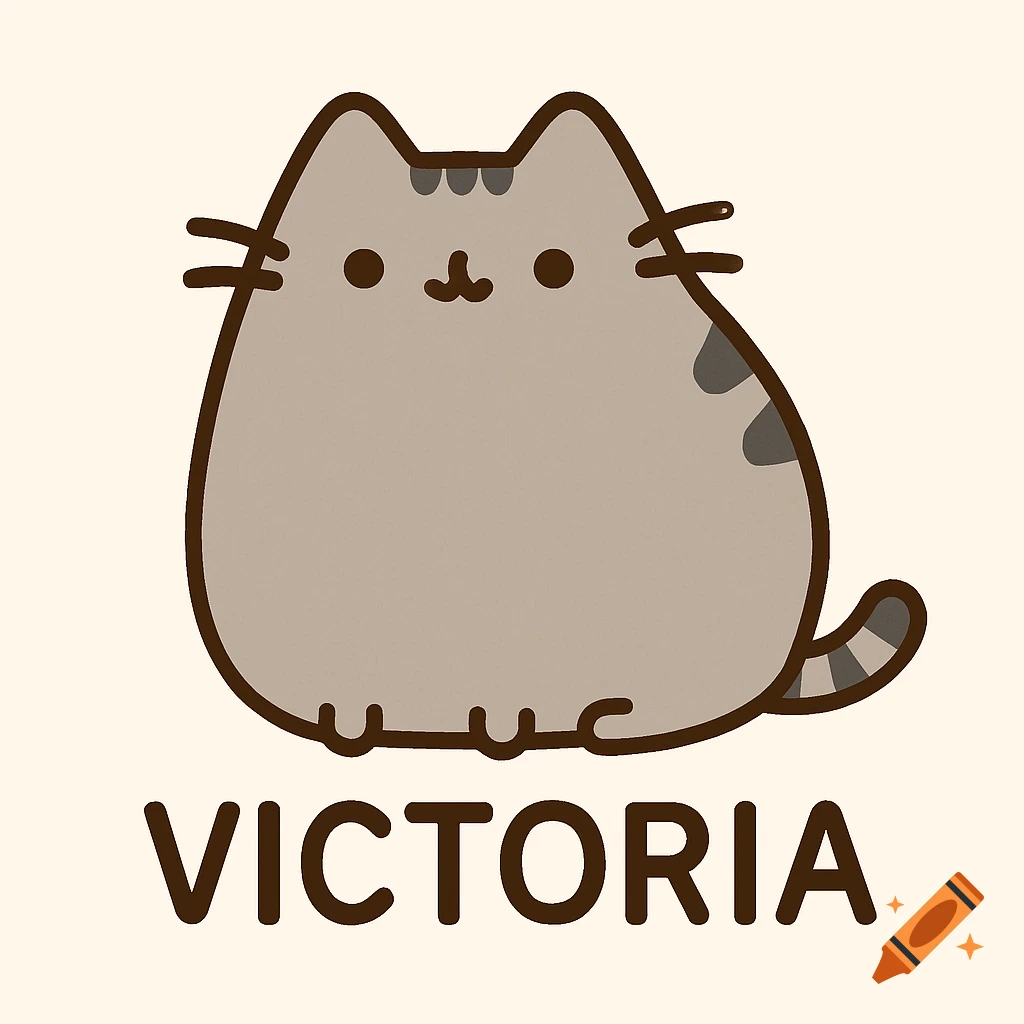 A cartoon illustration of Pusheen the cat with the name VICTORIA below it.