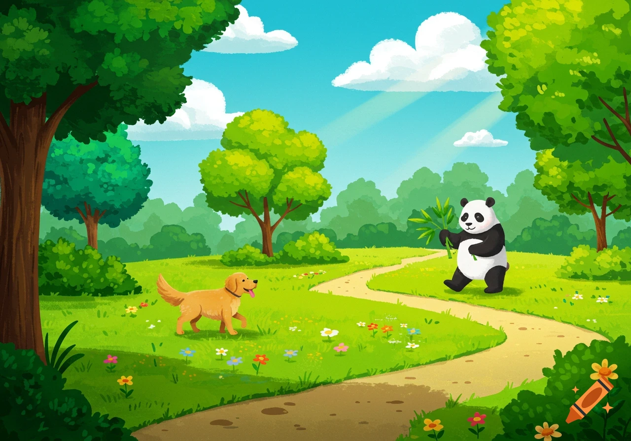 A golden retriever dog looks at a panda bear holding bamboo in a sunny park illustration.