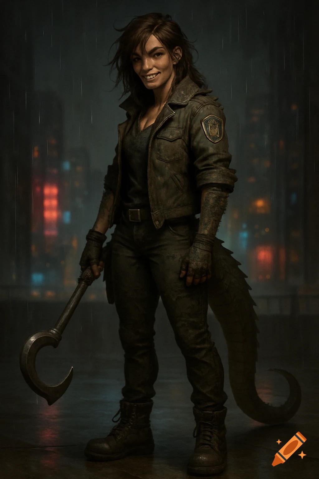 Female character with crocodilian features, tail, jacket, and hook weapon in a rainy urban setting.