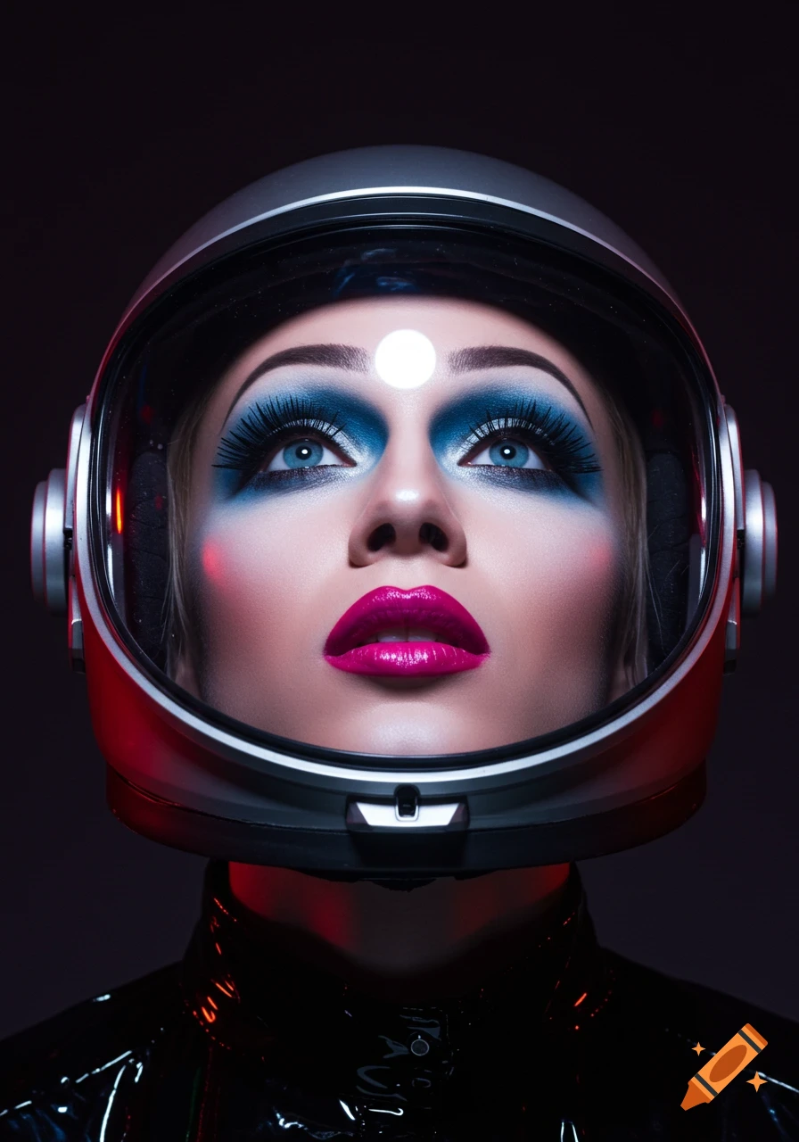 Portrait of a woman in a space helmet with dramatic blue eye makeup, looking up