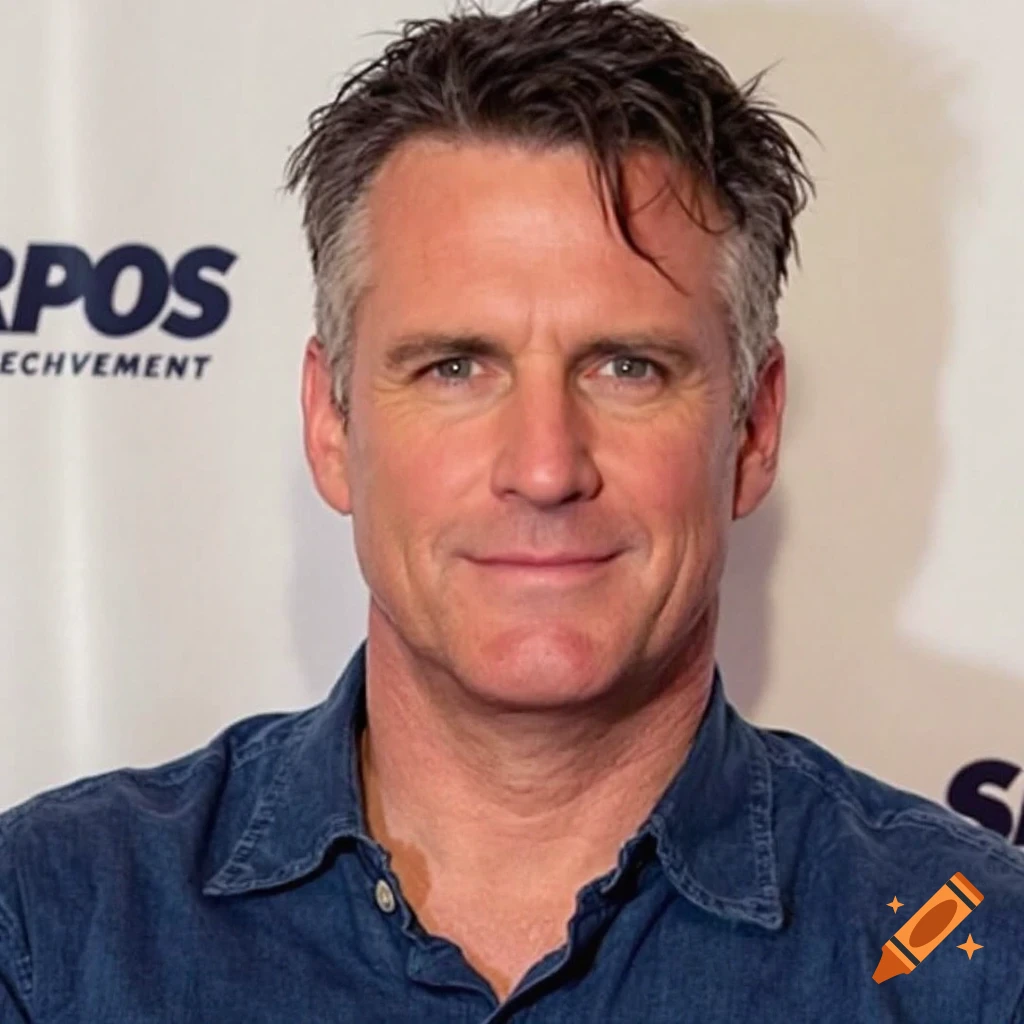Portrait of a man smiling in a denim shirt in front of a banner