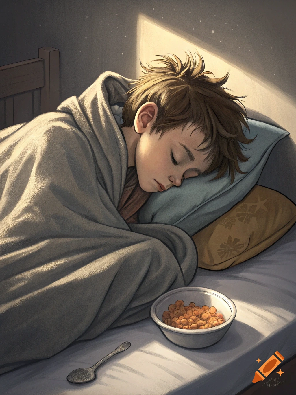 An illustration of a young boy sleeping in bed near a bowl of food, sunlight streaming in.