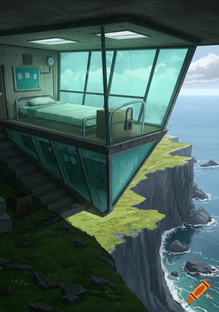 A glass room with a bed, perched on a cliff overlooking the sea.