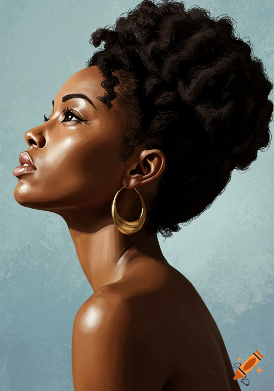 Portrait of a Black woman in profile looking up, with an updo and hoop earrings.